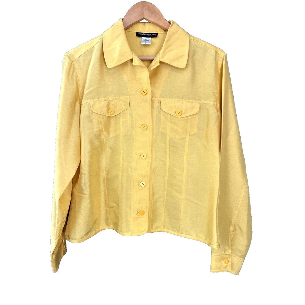 Vtg Transitions Silk Cropped Shacket Button-Up Shirt Large Golden Yellow Stains